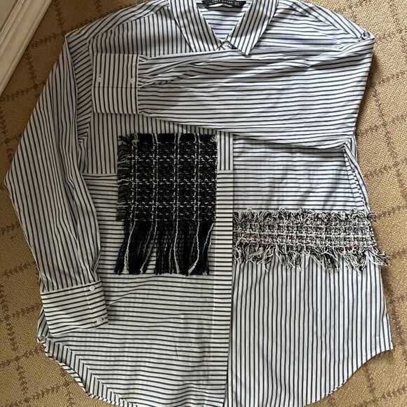 Zara blue and white striped contrast tweed long sleeved button down shirt NWOT M - Picture 4 of 13